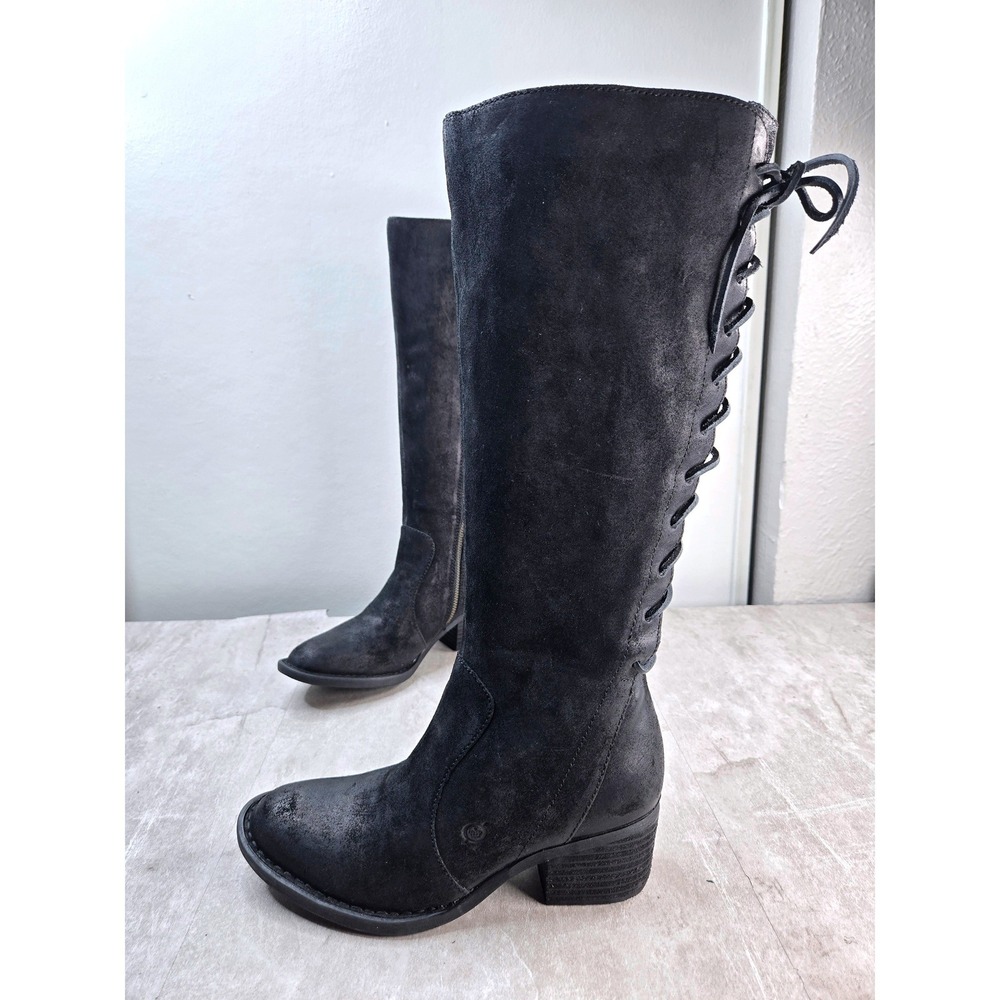 Born Knee High Lace Up Western Boots 6 Black Distressed Suede Equestrian Riding